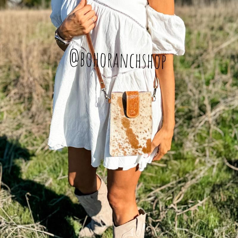 Boho Ranch Cowhide + Leather Crossbody Mobile Purse Bag