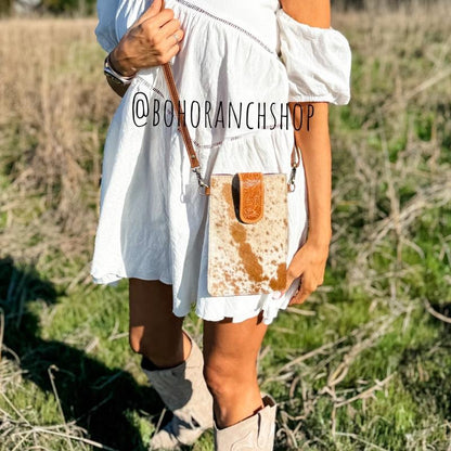 Boho Ranch Cowhide + Leather Crossbody Mobile Purse Bag